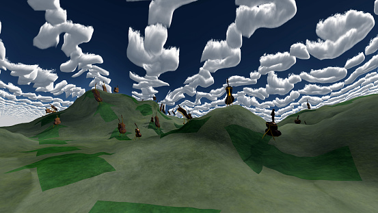 Surreal painting. Violins in the green fields. Abstract clouds in the sky. 3D rendering