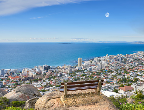 Bench with a view; Sea Point by the Atlantic ocean - Cape Town, a city of diversity , South Africa. Aerial photo