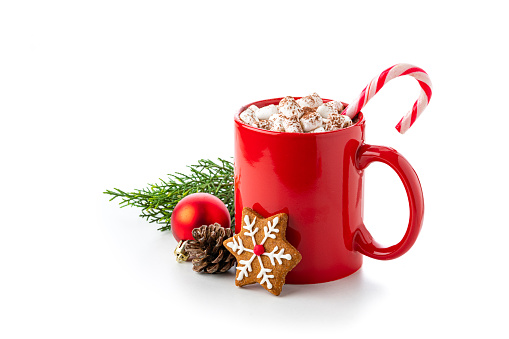 Close up view of a red mug filled with hot chocolate, candy cane and marshmallows isolated on white background. A gingerbread cookie and Christmas decoration complete the composition. Copy space available. High resolution 42Mp studio digital capture taken with Sony A7rII and Sony FE 90mm f2.8 macro G OSS lens