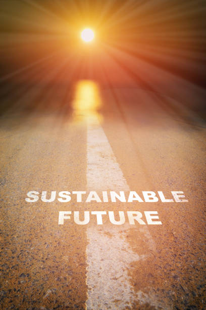 istock Sustainable future on road surface with white marking line leading into abstract blur sunlight and sun 1438702595