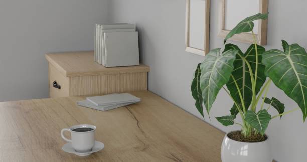 istock 3d render interior room. minimal style design. working desk. home interior design. template for website, wallpaper, and mockup. 1438704518