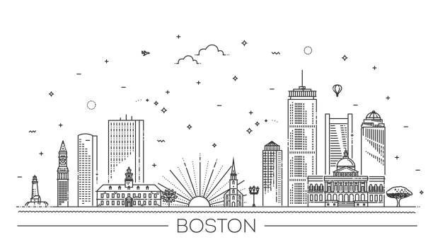 ilustraciones, imágenes clip art, dibujos animados e iconos de stock de punto de referencia de viaje de boston de edificio histórico - boston skyline new england urban scene