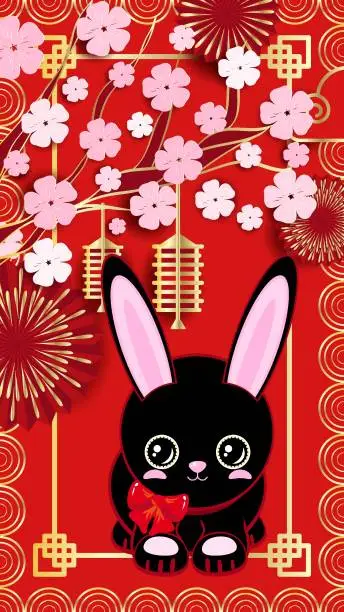 Vector illustration of Cute black rabbit. Festive luxury red gold background. New Year, Chinese New Year. Frame made of Chinese lanterns, fireworks, tree flower branches and space for your text, vertical  orientation