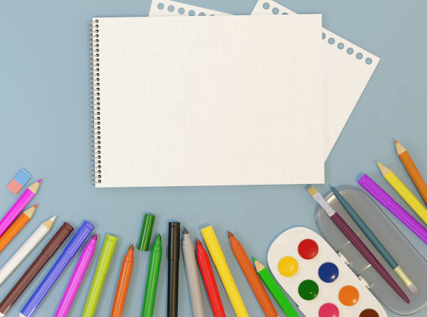 istock School supplies, stationery. Album blank sheet. 3D render. 1438704826