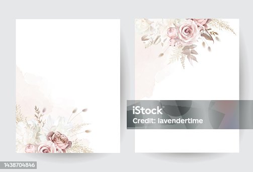 istock Modern beige and blush trendy vector design frames. Pastel pampas grass, fern, white peony 1438704846