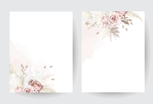 Modern beige and blush trendy vector design frames. Pastel pampas grass, fern, white peony Modern beige and blush trendy vector design frames. Pastel pampas grass, fern, white peony, pale magnolia, ranunculus, pink rose. Watercolor brush texture. Wedding boho card. Isolated and editable pink flower frame stock illustrations