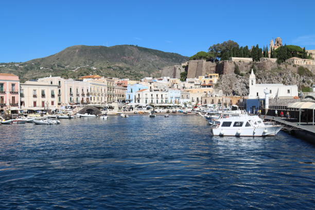 panorama of island of Vulcano Aeolian Islands Sicily- panorama of island of Vulcano Aeolian Islands Sicily salina sicily stock pictures, royalty-free photos & images