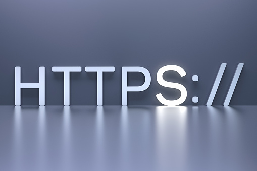 The HTTPS concept with highlighted glowing S. HyperText Transfer Protocol Secure. Increasing the security of encryption. The concept of safe surfing on the net. 3D render.