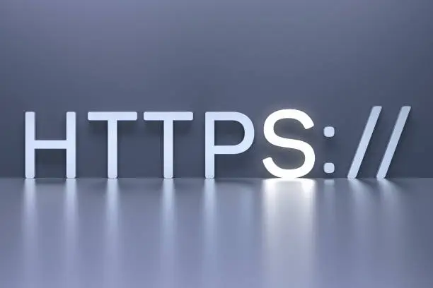 Photo of HTTPS concept with highlighted glowing S. HyperText Transfer Protocol Secure. Increasing the security of encryption. The concept of safe surfing on the net. 3D render.