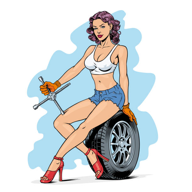 Pin up style woman working to repair the car wheel. Garage or tire service worker. Vector illustration. Pin up style woman working to repair the car wheel. Garage or tire service worker. Comic book style vector illustration. pin up girls and cars stock illustrations