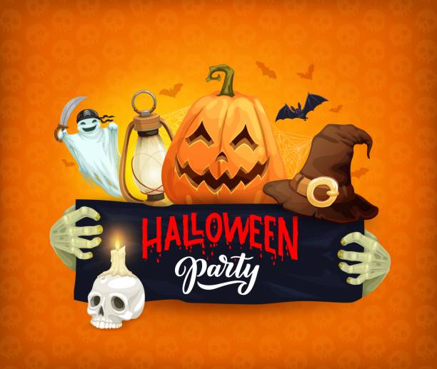 Halloween banner with pumpkin, ghost, witch hat Halloween party banner. Cartoon pirate ghost, funny pumpkin Jack o lantern, witch or wizard hat, zombie hands, bat and candle on human skull, spider web. Halloween holiday vector background, wallpaper halloween pumpkin human face candlelight stock illustrations