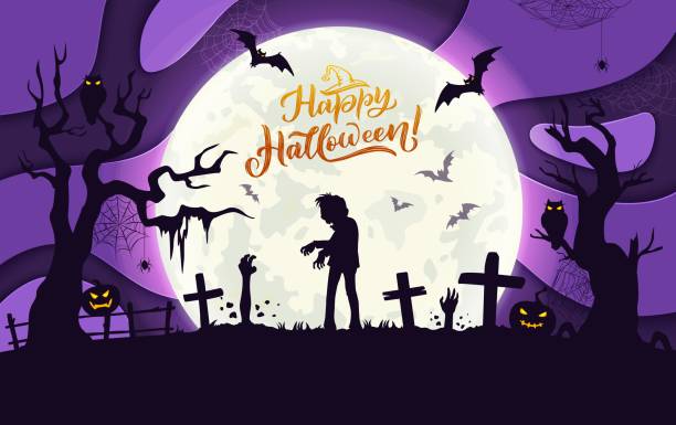 Halloween paper cut night cemetery landscape Halloween paper cut night cemetery landscape with zombie silhouette on graveyard, undead monsters hands sticking from graves, pumpkins and owl with glowing eyes. Halloween paper cut vector background zombie paper stock illustrations