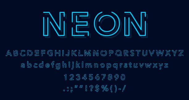 illustrazioni stock, clip art, cartoni animati e icone di tendenza di tipo di carattere al neon sottile, lettere di carattere glow, segni - alphabet blue typescript single word