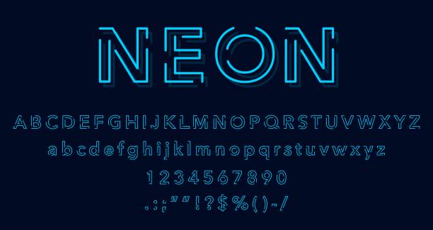 smukły neonowy typ czcionki, świecące litery, znaki - alphabet blue typescript single word stock illustrations