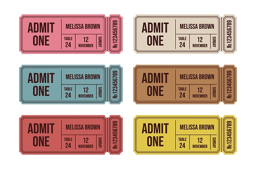 Retro tickets. Vintage cinema ticket concert and festival event, movie theater coupon. Circus show, raffle paper voucher carnival invite or train ticketing vector set