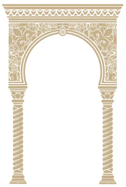 Vector illustration of Cover postcard golden oriental vintage arch frame