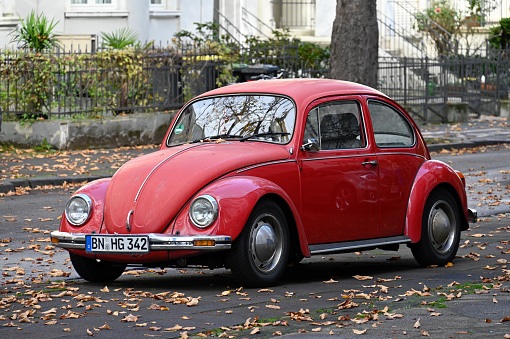 Bonn, Germany, October 26, 2022 - An old red Volkswagen Beetle (VW 1200) from 1975