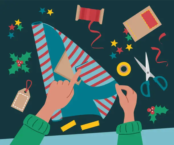 Vector illustration of The process of wrapping Christmas gifts. Wrapping paper, scissors and ribbons in flat style