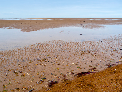Low tide on Old Hunstanton beach in Norfolk, Eastern England, where the water recedes a very long way, leaving islands and rivulets. Seashells and seaweed litter the shore and two very distant people walk near the water’s edge.