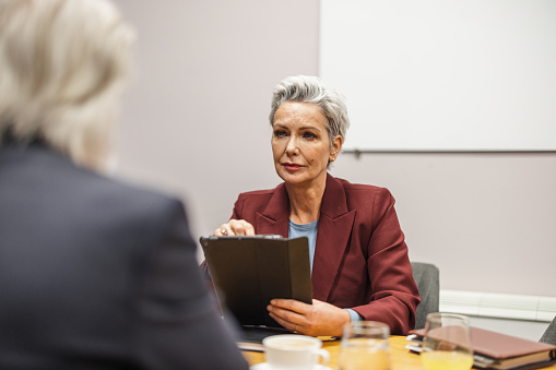 Waist up shot of a serious mature caucasian female with gray hair in a business meeting with a male client. They are sitting, talking and using a digital tablet.