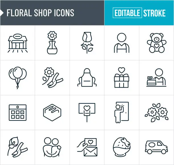 Vector illustration of Floral Shop Thin Line Icons - Editable Stroke
