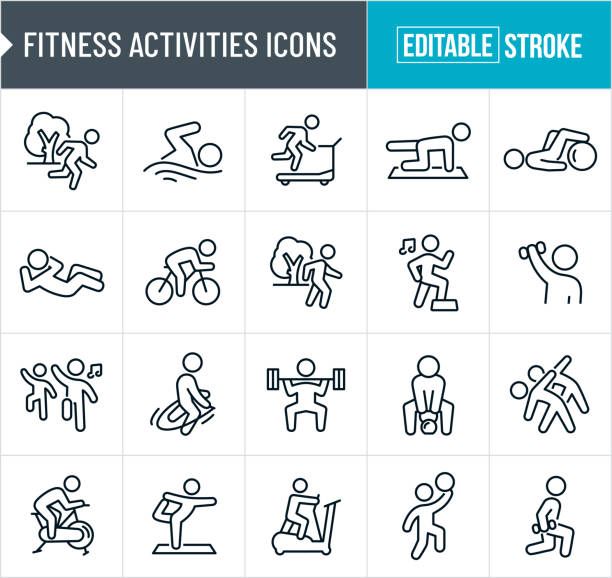 Fitness Activities Thin Line Icons - Editable Stroke A set of fitness activities icons that include editable strokes or outlines using the EPS vector file. The icons include a person running outside, person swimming, person doing step aerobics, cyclist riding bike, person walking in park for exercise, person lifting weights, person stretching, person using exercise ball, person doing sit-up, people dancing for exercise in an aerobics class, person jumping rope, person running on treadmill, person lifting kettlebell, person using exercise bike, person doing yoga, person using elliptical machine, person playing basketball and a person doing lunges. exercise class icon stock illustrations