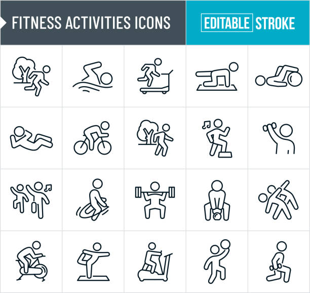 Fitness Activities Thin Line Icons - Editable Stroke A set of fitness activities icons that include editable strokes or outlines using the EPS vector file. The icons include a person running outside, person swimming, person doing step aerobics, cyclist riding bike, person walking in park for exercise, person lifting weights, person stretching, person using exercise ball, person doing sit-up, people dancing for exercise in an aerobics class, person jumping rope, person running on treadmill, person lifting kettlebell, person using exercise bike, person doing yoga, person using elliptical machine, person playing basketball and a person doing lunges. step aerobics stock illustrations