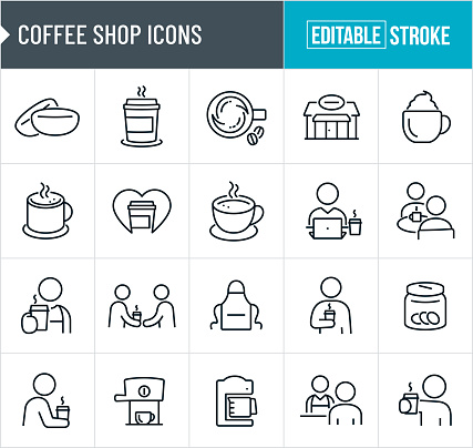 A set of coffee and coffee shop icons that include editable strokes or outlines using the EPS vector file. The icons include coffee beans, coffee cup, cup of coffee, coffee shop, barista, coffee mug, love of coffee, person working at computer and drinking coffee, two people at table drinking coffee, barista serving coffee, coffee maker, espresso, espresso machine, cappuccino, people drinking coffee, individuals drinking coffee, cashier, apron, tip jar, muffin and other coffee related icons.