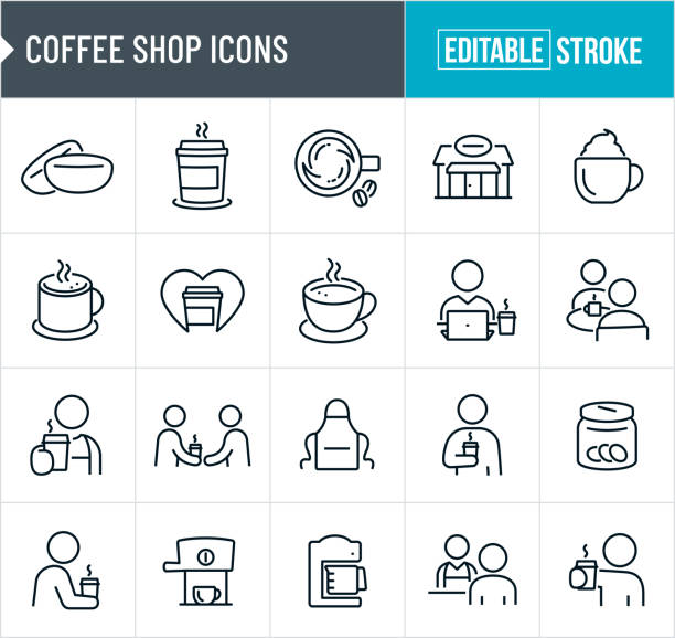Coffee Shop Thin Line Icons - Editable Stroke A set of coffee and coffee shop icons that include editable strokes or outlines using the EPS vector file. The icons include coffee beans, coffee cup, cup of coffee, coffee shop, barista, coffee mug, love of coffee, person working at computer and drinking coffee, two people at table drinking coffee, barista serving coffee, coffee maker, espresso, espresso machine, cappuccino, people drinking coffee, individuals drinking coffee, cashier, apron, tip jar, muffin and other coffee related icons. coffee drink stock illustrations