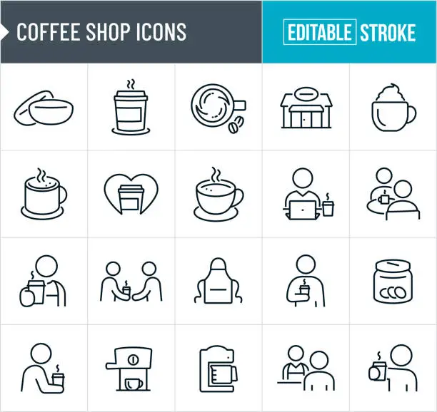 Vector illustration of Coffee Shop Thin Line Icons - Editable Stroke