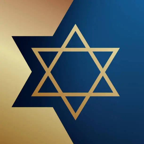 Vector illustration of Star of David on the blue background with golden frame.