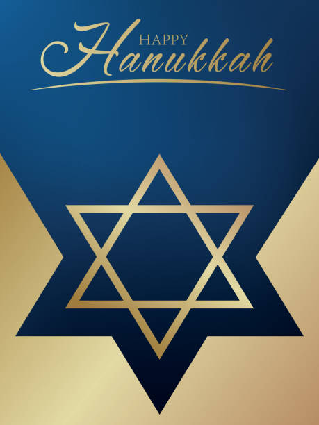 Greeting design for Hanukkah Jewish holiday. Celebration card with golden text Happy Hanukkah, candlestick and star of David on the blue background for Hanukkah Jewish holiday. Luxury design for greeting banner, wallpaper, sign, poster. magen david adom stock illustrations