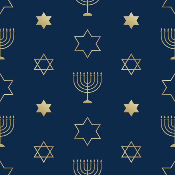 Seamless pattern for Hanukkah Jewish holiday. Festive seamless pattern with many golden candlesticks and stars of David on the blue background for Hanukkah Jewish holiday. Luxury texture for banner, wallpaper, card or poster. magen david adom stock illustrations