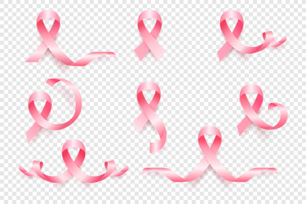 illustrations, cliparts, dessins animés et icônes de ensemble de rubans rose réaliste vector 3d. symbole de sensibilisation au cancer du sein en gros plan. modèle de ruban cancer. rubans de soie. concept de la journée mondiale du cancer du sein - lutte contre le cancer du sein
