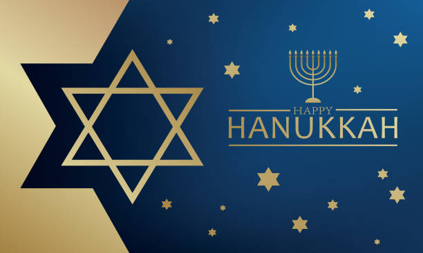 Greeting design for Hanukkah Jewish holiday. Celebration card with golden text Happy Hanukkah, candlestick and star of David on the blue background for Hanukkah Jewish holiday. Luxury design for greeting banner, wallpaper, sign, poster. star of david logo stock illustrations