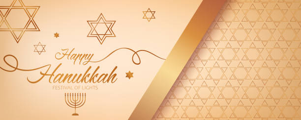 Festive banner for Hanukkah Jewish holiday. Celebration banner with golden text Happy Hanukkah, chandelier and stars of David for Hanukkah Jewish holiday. Luxury greeting design for banner, background, wallpaper, card or poster. magen david adom stock illustrations