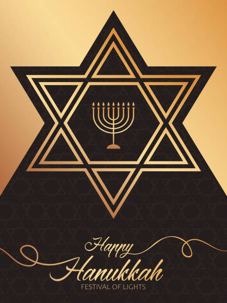 Festive greeting design for Hanukkah Jewish holiday. Celebration illustration with golden text Happy Hanukkah, chandelier and star of David on the brown textured background for Hanukkah Jewish holiday. Luxury greeting design for banner, wallpaper, card or poster. magen david adom stock illustrations