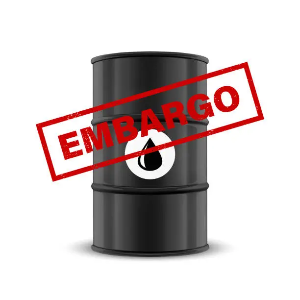 Vector illustration of Oil Embargo. Vector 3d Realistic Metal Enamel Oil Barrel Isolated on White. Russian Crude Oil Embargo Concept Background