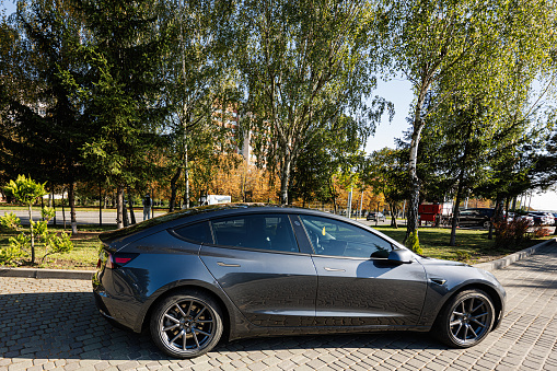 Lviv, Ukraine - October 09, 2022: Grey Tesla Model 3