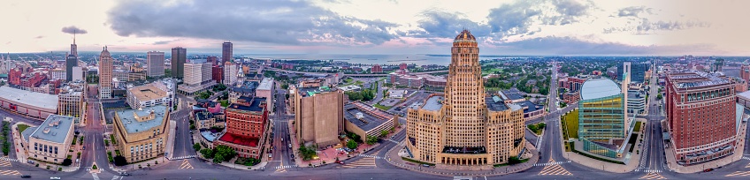 A panoramic shot of a beautiful cityscape with tall buildings in Buffalo, New York