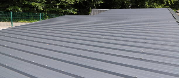 istock a roof with gray trapezoidal sheet metal 1438725006