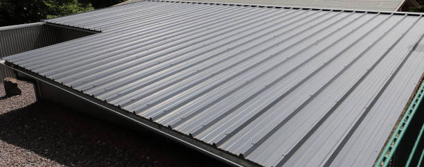 a roof with gray trapezoidal sheet metal stock photo