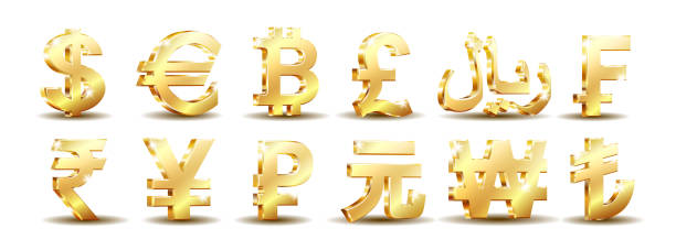 ilustrações, clipart, desenhos animados e ícones de conjunto de placas de moeda dourada. euro, dólar, bitcoin, rial, frank, libra, iene, yuan, rupia, lira, won e rublo - renminbi