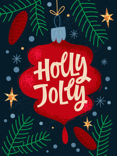 ilustrações de stock, clip art, desenhos animados e ícones de bright christmas greeting lettering design, holly jolly. creative festive letters on a christmas tree toy decoration. vector typography design with pines, gold stars and snowflakes. - xmas toys snowflake