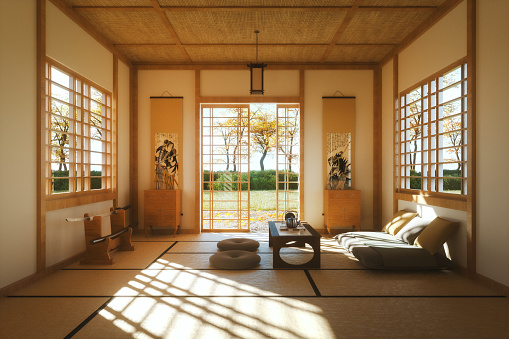 Traditional Japanese room. 3D generated image, generic location. Wall prints are woodblock prints from 17-18th century.