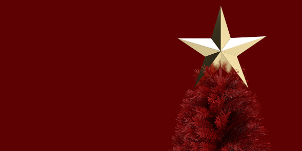 Monochrome Merry Christmas Background concept: Luxury New Year tree decorated with beautiful shiny star. Matte textured 3D illustration of fluffy branches in vivid red color gradient, copy space. Festive celebration themed backdrop for banner, wallpaper, greeting card or gift wrapping paper templates.