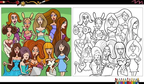 Vector illustration of funny comic girls and women characters group coloring page