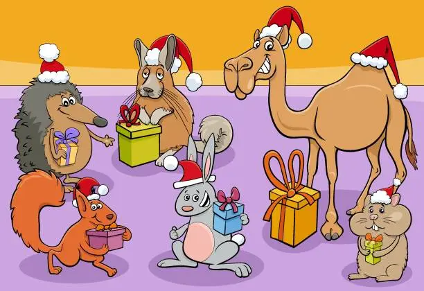 Vector illustration of funny cartoon animal characters group with Christmas gifts
