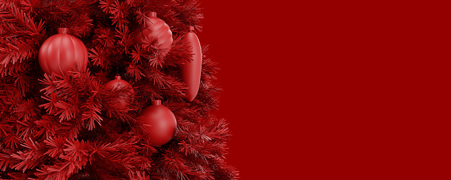 Monochrome Merry Christmas Background concept: Luxury New Year tree decorated with beautiful sphere ball ornates. Matte textured 3D illustration of fluffy branches in vivid red color gradient, copy space. Festive celebration themed backdrop for banner, wallpaper, greeting card or gift wrapping paper templates.