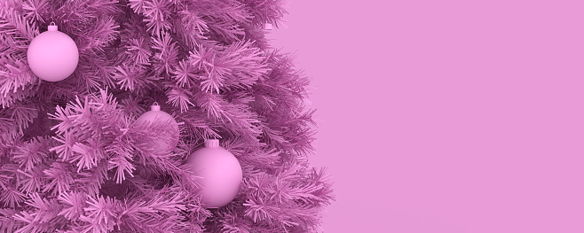 Monochrome Merry Christmas Background concept: Luxury New Year tree decorated with beautiful sphere ball ornates. Matte textured 3D illustration of fluffy branches in vivid pink color gradient, copy space. Festive celebration themed backdrop for banner, wallpaper, greeting card or gift wrapping paper templates.